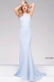 Light Blue Floor Length Form Fitting Sleeveless Prom Dress Features High Neckline An An Open Criss C Light Blue Prom Dress Prom Dresses Sleeveless Prom Dresses