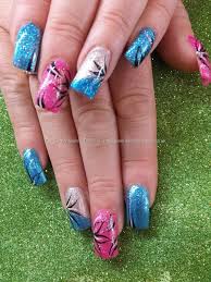 Pink And Blue Glitter With Flick Nail Art