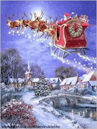 Check out the cool video i made! Santa With His Sleigh And Reindeers Flying In The Sky Above A Snowy Little Village Near A River I Add Christmas Scenes Christmas Paintings Christmas Pictures