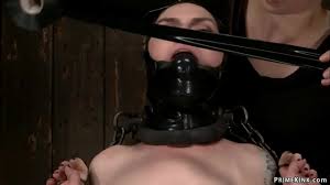 In a chain suspension blindfolded and gagged brunette lesbian slave Mizz Amanda  Marie is cattle proded and corporal punished by lezdom Claire Adams -  XNXX.COM