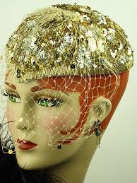 VINTAGE HAT FRANK OLIVE PRIVATE COLLECTION GOLD SEQUIN JULIET CAP VEIL &  HAT PIN