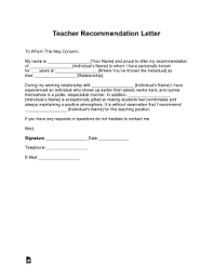 Free Teacher Recommendation Letter Template With Samples Pdf Word Eforms