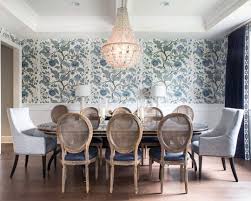 Adding An Exuberant Wallpaper Above A Dining Room Chair Rail Is Always A Good Idea Designer Jacksonpaigeinteriors Used Our In 2020 Transitional Decor Transitional Living Rooms Dining Room Chairs