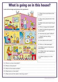 Picture Description What Is Going On In This House Picture Comprehension Worksheets For Kids Picture Composition