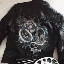 Painted Leather Snake Jacket With Florals By Maggie Enterrios Littlepatterns Painted Leather Jacket Floral Leather Jacket Painting Leather