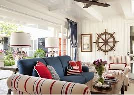 A Little Bit Over The Top With Nautical And Red White And Blue But I Still Like It Love The Nautical Decor Living Room Nautical Living Room Blue Sofa Decor