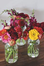 Red Orange And Yellow Zinnia And Celosia Mason Jar Flower Arrangement Roots And Wildflowers Mason Jar Flower Arrangements Mason Jar Flowers Zinnia Bouquet