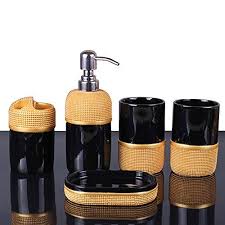 Black And Gold Bathroom Accessories Set Luant 5 Piece Bathroom Accessories Set Includes Decorative Soap Dispenser Soap Dish 2 Tumbler Toothbrush Holder Black And Gold Lavorist Bathroom Accessories Sets Bathroom Accessories Soap Dispenser