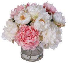 This exquisite arrangement of pink, peach and mauve peonies is perfect for adding a vibrant pop of color to any room. Silk French Peonies Bouquet In Glass Vase With Fake Water Artificial Flower Arrangements By Jenny Silks Houzz