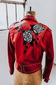 Hand Painted Red Vintage Leather Jacket By Once Upon A Lauren Painting Leather Vintage Leather Jacket Hand Painted Leather