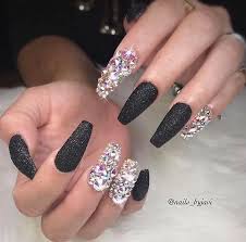 Coffin Black And Clear Acrylic Nails Black And Clear Rhinestone Acrylic Nails Nails New Year S Nails Nail Art Designs