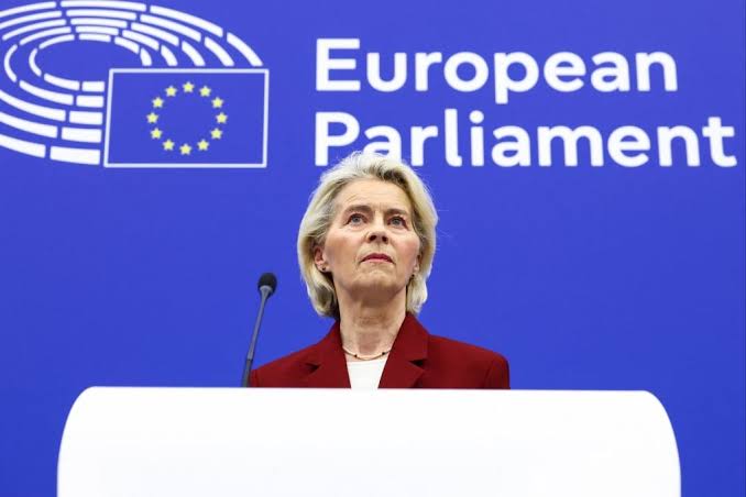 Ursula von der Leyen speaking at a press conference regarding EU-China trade relations.