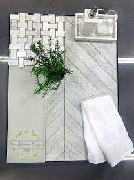 White Gray And Green Bathroom Tile Idea And Mood Board Green Tile Bathroom Basket Weave Tile Faux Wood Tiles