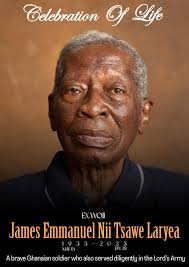 It is with deep sadness that I inform you of the passing of my father, Ex.  WOII James Emmanuel Nii Tsawe Laryea. He passed away