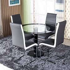 Minifair Tempered Glass Round Dining Table Set And 4 Grey White Chairs Faux Leather Chrome Glass Round Dining Table Round Dining Table Sets Dining Table Chairs