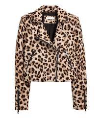 Leopard Print Short Biker Jacket In Thick Textured Weave Cotton Fabric With A Collar And Diagonal Z Cropped Biker Jacket Biker Jacket Coloured Leather Jacket