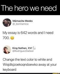 The Hero We Need My Essay Is 642 Words And I Need 700 Change The Text Color To White And Wisjdlsjzoekoqndoewko Away At Your Keyboard Ifunny Best Funny Photos