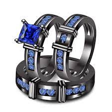Ew Ehs 3 Ct Blue Sapphire Trio Bridal Matching Wedding His Her Ring Band Set Wedding Ring Trio Sets Black Gold Engagement Rings Blue Sapphire Wedding Ring