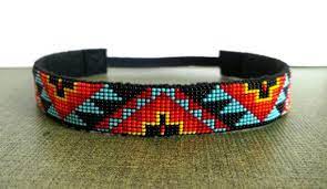 Beaded Headband With Aztec Native American Pattern And Black Etsy Dokuma Bileklikler Taki Bileklik