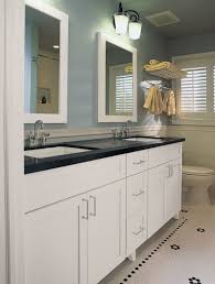Modern bathroom cabinets don't have to be flat panel and glossy to match the updated finishes of the space. Luxury Plywood White Bathroom Cabinet Combined By Black Granite Countertop Design White Bathroom Cabinets Dark Countertops Small Bathroom Vanities