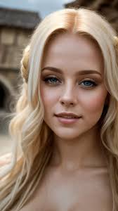 A close up of a woman with long blonde hair and blue eyes