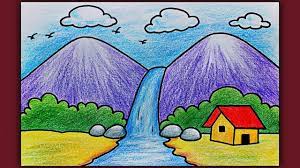 Step 1 begin by coloring your background orange and a circle for the sun in lighter orange use decreasing lighter colors of orange and ending up with yellow for a setting sun.step 2 next in. Simple Landscape Scenery Drawing For Beginners Easy Waterfall Scenery Drawing With Color Youtube