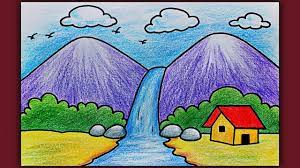 Subscribe to my channel to get more drawing videos.▽ visit to my channel :➞. Simple Landscape Scenery Drawing For Beginners Easy Waterfall Scenery Drawing With Color Youtube