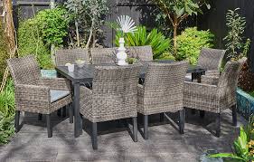 The bronte 8 seater square garden dining set is stronger and more durable than cheaper sets on the market and has been handmade in the uk from sustainably sourced scandinavian redwood. Rattan 8 Seater Garden Dining Set Garden Furniture Out Out