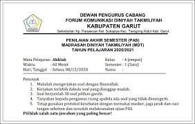 Naskah latihan ini bisa sobat gunakan untuk bahan pembelajaran untuk persiapan ujian mendatang atau juga bisa dijadikan para guru contoh soal dalam ujian akhir madrasah berstandar nasional uambn 2020 mts. Soal Pas Madrasah Diniyah Takmiliyah Akhlak Kelas 1 6