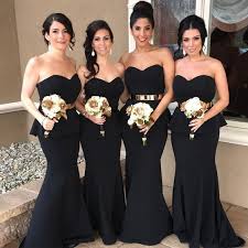 Strapless Sweetheart Neck Black Satin Gold Sash Bridesmaid Dresses Mer Mermaid Long Bridesmaid Dresses Mermaid Bridesmaid Dresses Cheap Long Bridesmaid Dresses