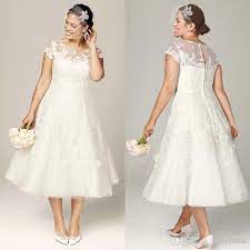 Discount Plus Size Wedding Dresses Tea Length Bridal Gowns Vintage Beach Wedding Dresses A Line Wedding Gown With Cap Sleeves And Appliques Wedding Dress Brand Wedding Dress Brands Applique Wedding