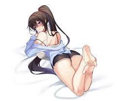 maett, yoo mina, counter:side, absurdres, highres, 1girl, ass, back, bare  shoulders, barefoot, black hair, black shorts, blue jacket, bra strap,  breasts, camisole, dolphin shorts, feet, from behind, jacket, large  breasts, legs up,