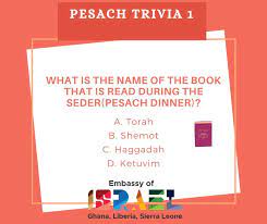 It's actually very easy if you've seen every movie (but you probably haven't). Israel In Ghana Pesach Trivia Day 1 What Is The Name Of The Book That Is Read During The Seder Pesach Dinner A Torah B Shemot C Haggadah D Ketuvim Let S