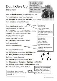 Simple Present Song Activity Don T Give Up Worksheet Free Esl Printable Worksheets Made By Teachers Songs English Exercises Esl Listening Activities