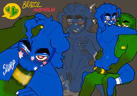 1boy 1cuntboy australia (countryhumans) blue body blue skin  brazil (countryhumans) countryhumans cuntboy green body green skin grey  background heart intersex kingofkinks male muscular cuntboy national  personification pussy pussy juice