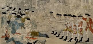 Detail of a painting of the boston massacre on a mirror in the collection. Five Die In Boston Massacre