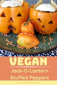 Vegan Jack O Lantern Stuffed Peppers In 2020 Stuffed Peppers Vegan Holiday Recipes Vegan Holidays