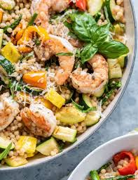Mushroom parmesan shrimp risotto is hearty and comforting! Grilled Vegetavle And Shrimp Couscous Primavera
