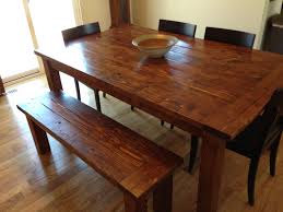 Farmhouse Table And Bench Made From Pine 2x6 2x4 And 4x4 S Stain Is Minwax English Chestnut Covered With 3 Co Farmhouse Table Fine Dining Room Stained Table