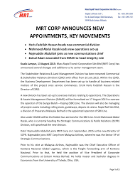 Kuala lumpur & selangor tarikh tutup: Mrt Corp Announces New Appointments Key Movements