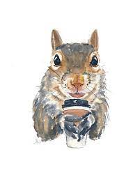 Squirrel Watercolor Original Painting Coffee Squirrels Love Etsy Komik Hayvan Sincap Hayvan
