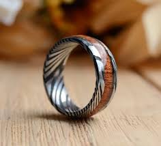 8mm Mens Wedding Band With Koa Wood Inlay And Damascus Steel Pattern Ring In 2020 Wood Wedding Band 8mm Mens Wedding Band Mens Wedding Bands