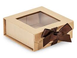 Kraft Pinstripe Folding Box With Window And Ribbon Closures 4x4x1 5 Plastic Box Packaging Box Packaging Design Craft Box