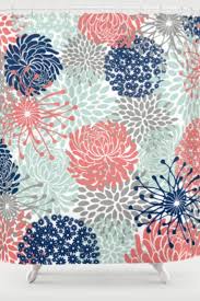 Pretty Bathroom Ideas Floral Print Coral Pink Pale Aqua Blue Gray Navy Shower Curtain Blue Bathroom Decor Pretty Bathrooms Navy Shower Curtain
