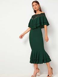 فستان بادخال شبكي مطرز ومقلم بطبقات مكشكش شي إن Mesh Insert Dress Off Shoulder Dress Fashion