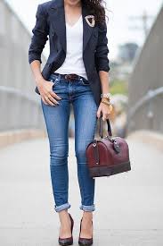 Black Blazer And Jeans Womens Double Breasted Pinstripes Alterations Needed Blazer Outfits For Women Casual Work Outfits Blue Blazer Outfit