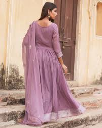 Purple Linen Dress With Dupatta Set Of Two By Chokhi Bandhani The Secret Label