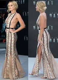 Margot Robbie In Miu Miu Gown And Metallic Bally Sandals Dresses Margot Robbie Margo Robbie