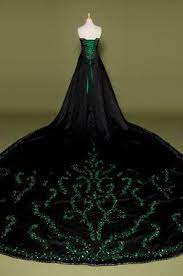 Black Wedding Dress With Green Embroidery Poison Ivy Style Gothic Wedding Dress Green Wedding Dresses Slytherin Dress