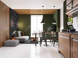 It brings freshness, distinctiveness and an irreplaceable vibe into the room. Dining Room With An Iron Table And Chairs Industrial Style And A Kitchen With Dark Green Walls 3d Rendering Stock Photo Picture And Royalty Free Image Image 148464865